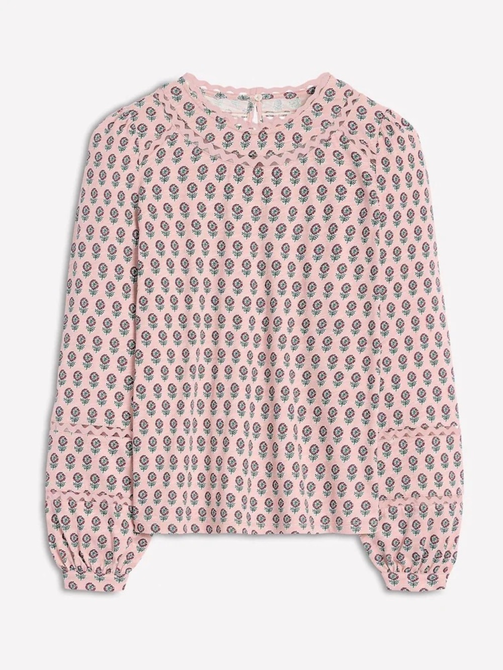 Boden Floral Daisy Long Sleeve Top Pink Scallop Trim Cottagecore Size US 2